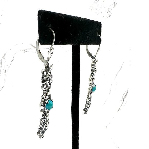 American West Blue Turquoise 925 Sterling Silver Concha Drop Earrings - Picture 2 of 6